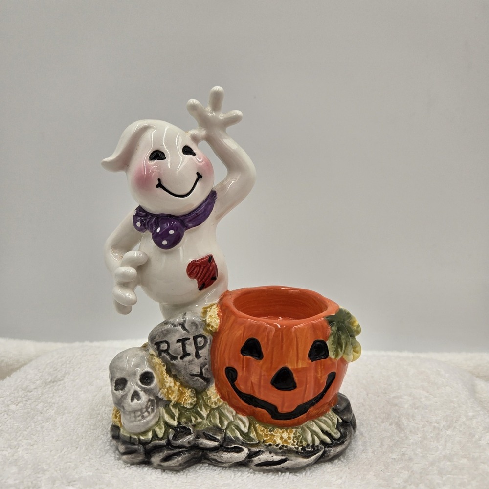Corner Ruby Halloween Ghost & Pumpkin 6" Ceramic Candle Holder Jack O Lantern